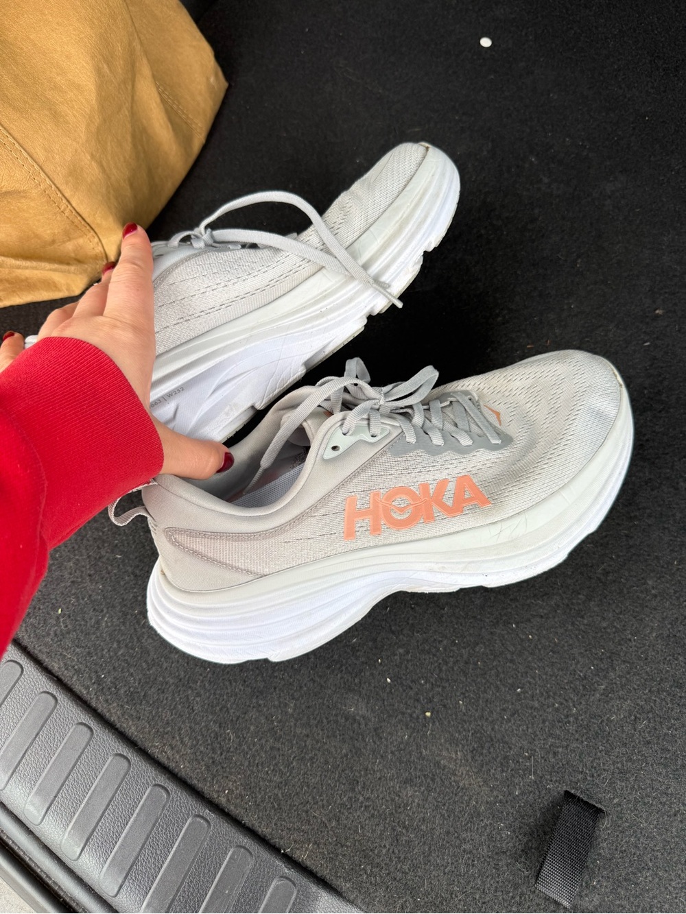 Hoka Women's Light Gray and Coral Athletic Running Shoes